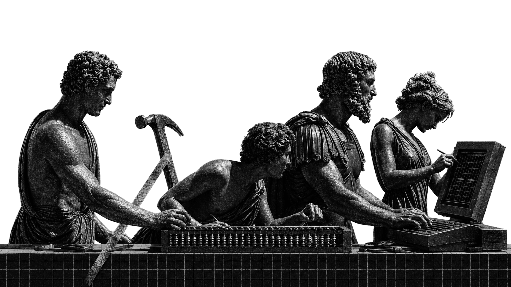 Bronze figures at a workbench, working an abacus and a computer terminal