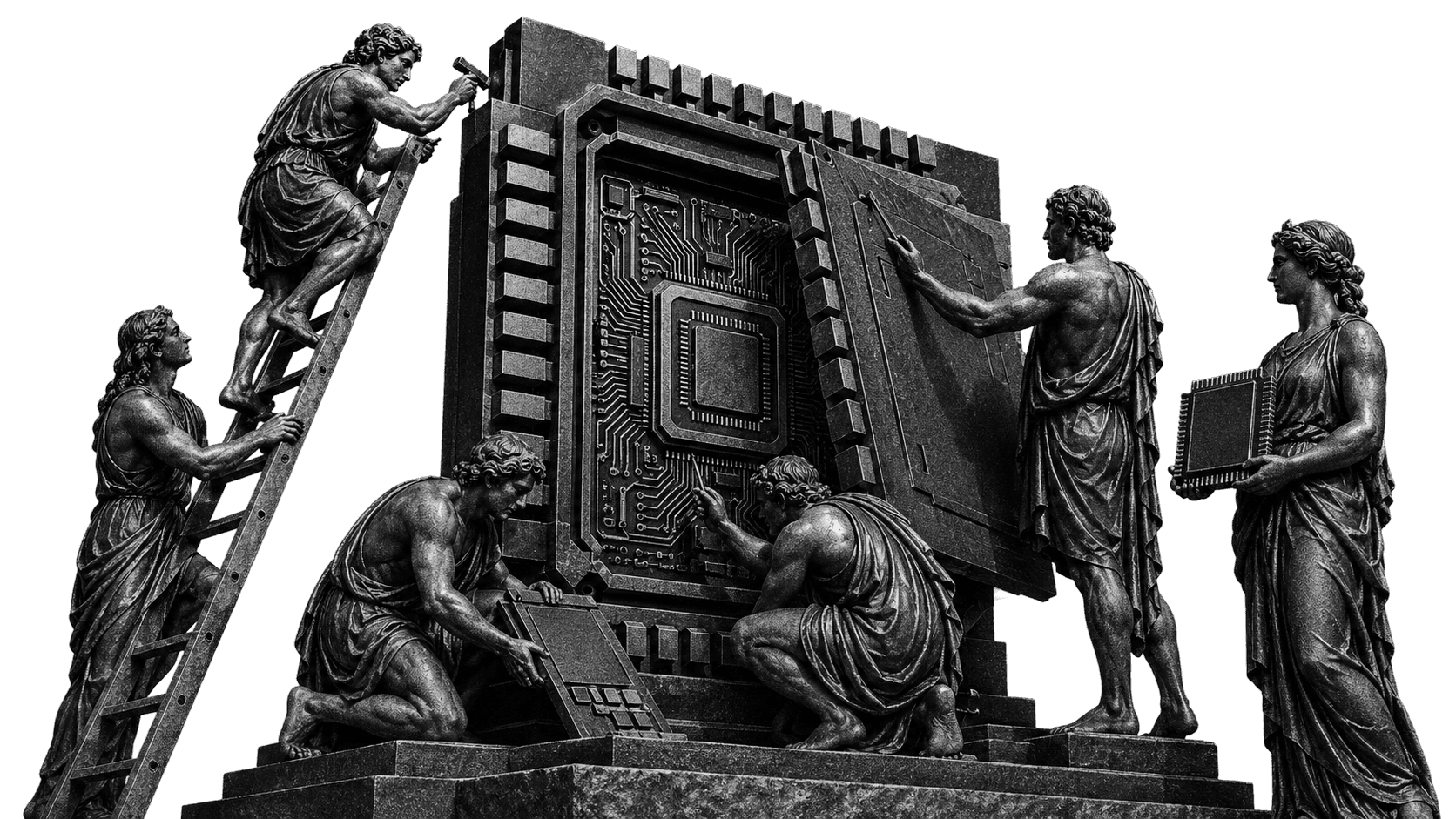 Bronze figures in classical dress assembling an oversized microchip