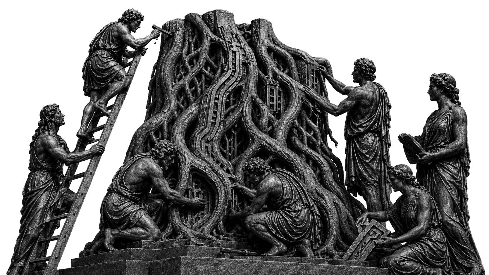 Bronze figures in classical dress tending a monument whose circuitry has grown over with roots