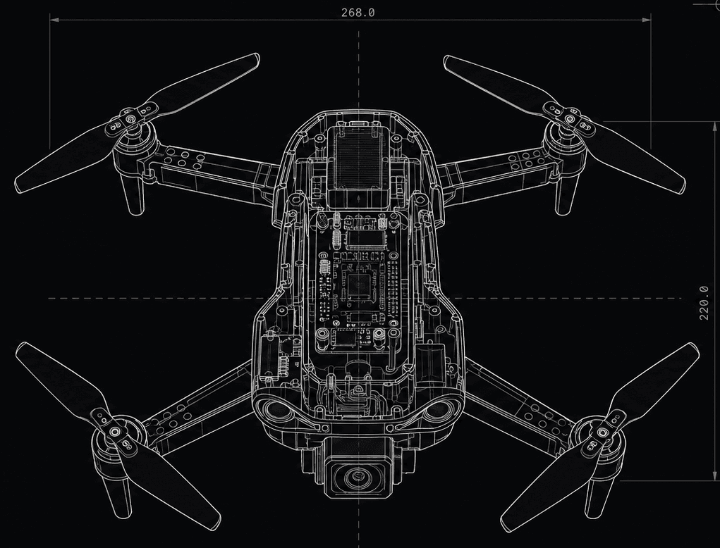 Dimensioned plan view of a quadcopter, 268 by 220 mm, with its flight-control board exposed.